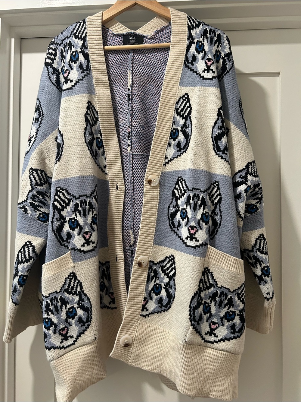 Dress in Lala Oversized Cat Cardigan Sweater - Cream & Light Blue